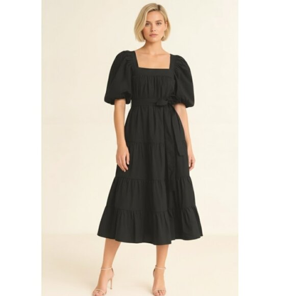 Anthropologie Puff-Sleeved Midi Dress Large Black NWT - Picture 1 of 8